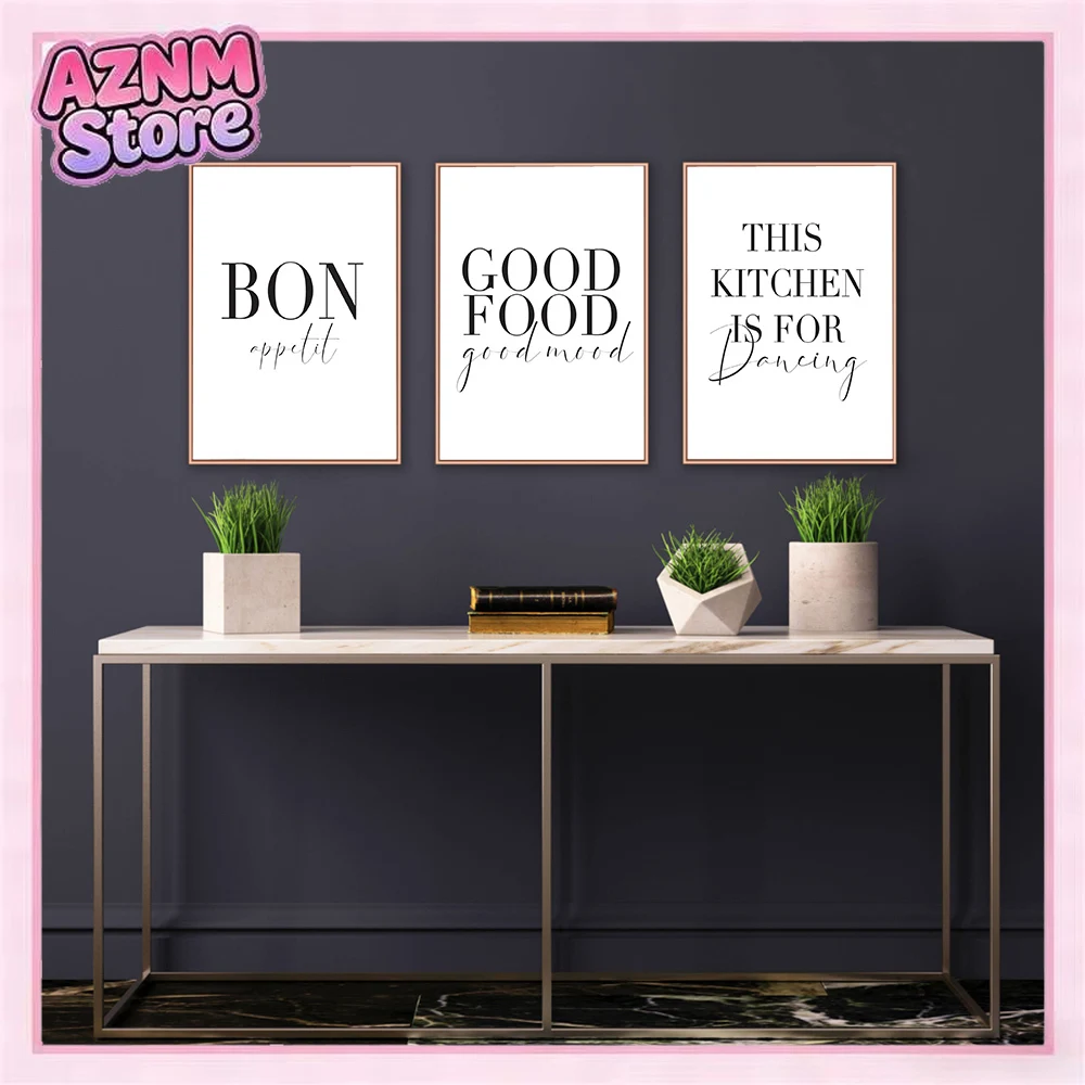 1pc frameless Canvas painting Minimalist Good Food Good Mood Bon Appetit Quotes Canvas Painting Black White Posters Wall Art
