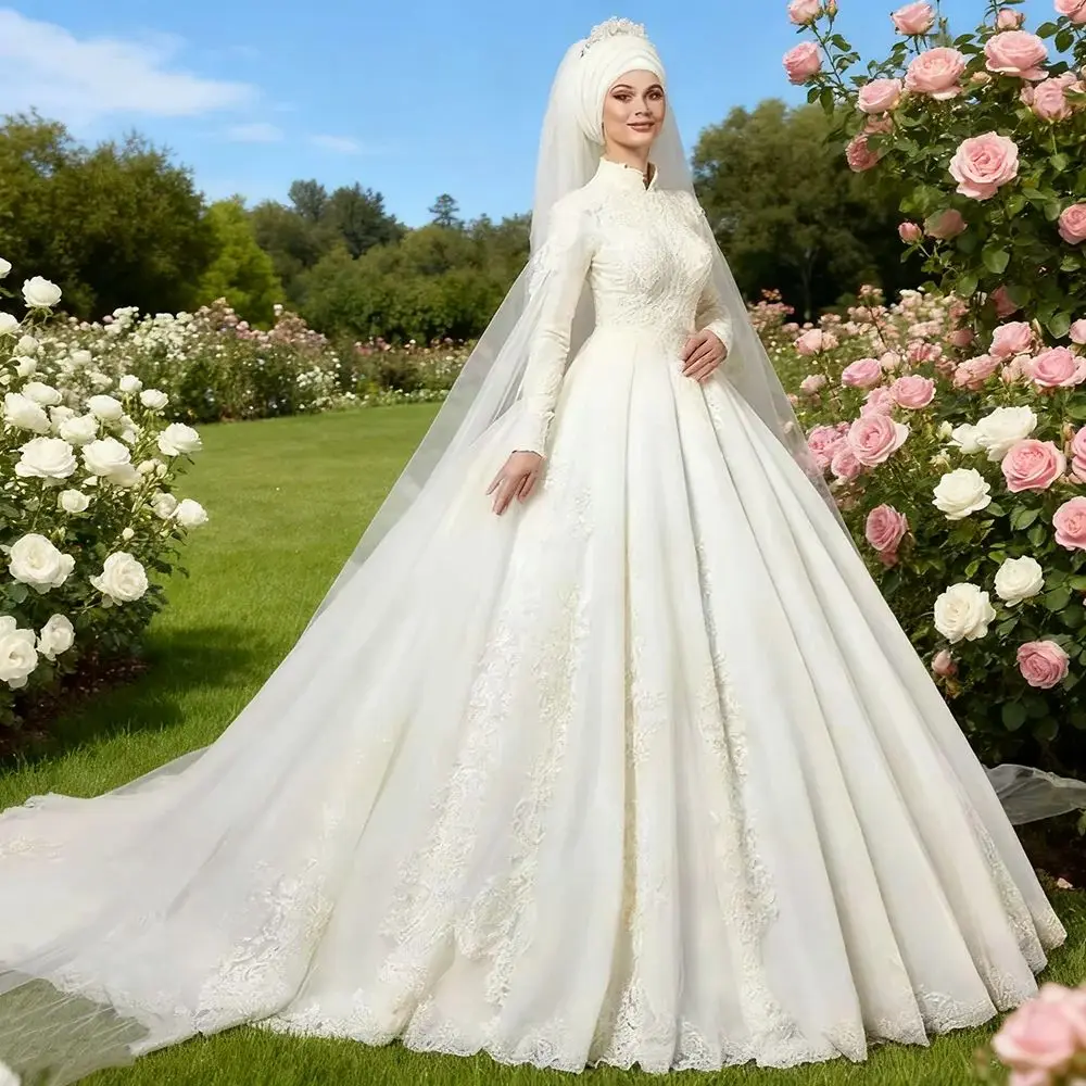 신부를 위한 맞춤형 무슬림 웨딩드레스, 하이넥 긴팔 튤 레이스 아플리케 비딩 브라이덜 가운 로브 드 마리에 의상