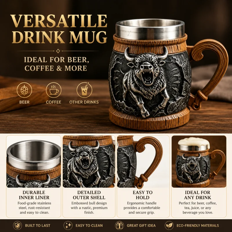 Vintage Embossed Bison Beer Stein Mug Wooden Texture Handle Stainless Steel Liner Buffalo Tankard Gym Man Cave Decor Heavy