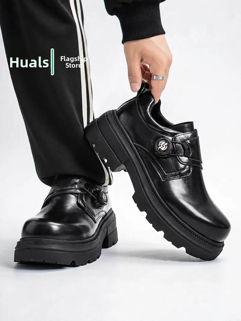 Waterproof Men's Casual Leather Shoes with Rotating Buckle British Style Sporty  Shoes Anti-slip Black Comfortable Breat...