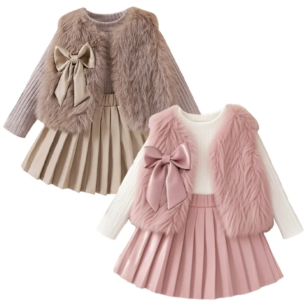

Autumn Winter Girl Clothes Set Baby Toddler Girl Suits Fur Vest Long Sleeve Shirt Base Layer and Faux Leather Skirt Pleated Chic