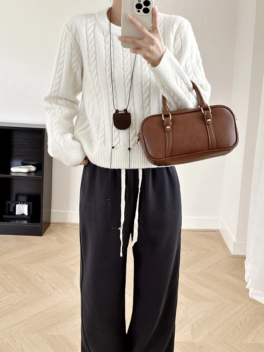 

JPLUS Slim Fit round Ne Twisted Knit Sweater Pure Color Vintage Twist Sweater Comfortable Warm Autumn Winter Women's Sweater