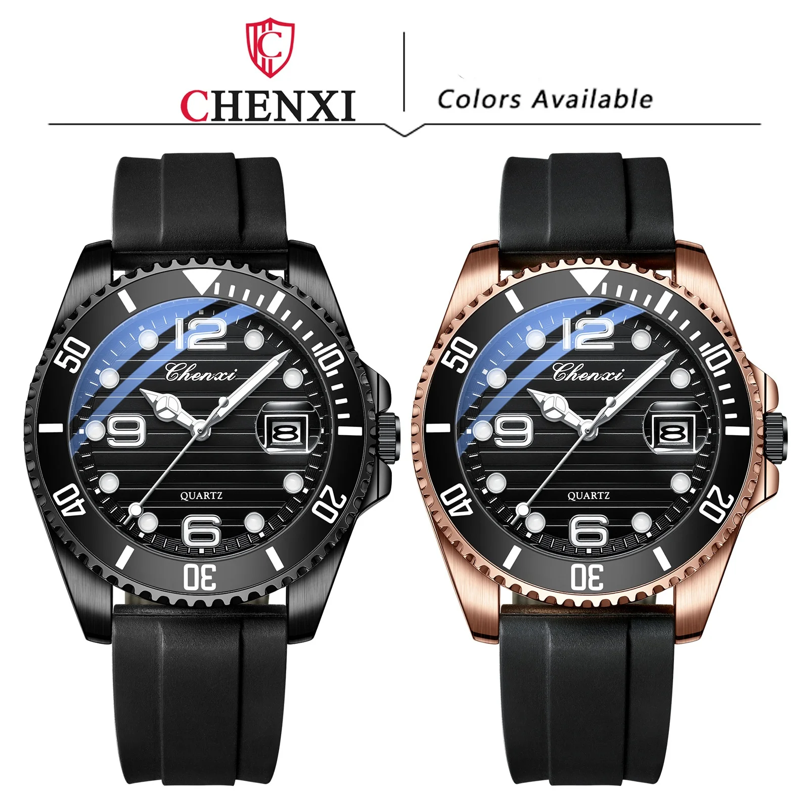 CHENXI 8285 남성용 쿼츠 시계, 아날로그 디스플레이, 실리콘 스트랩 손목 시계, 레저 패션, 블랙 로즈 골드
