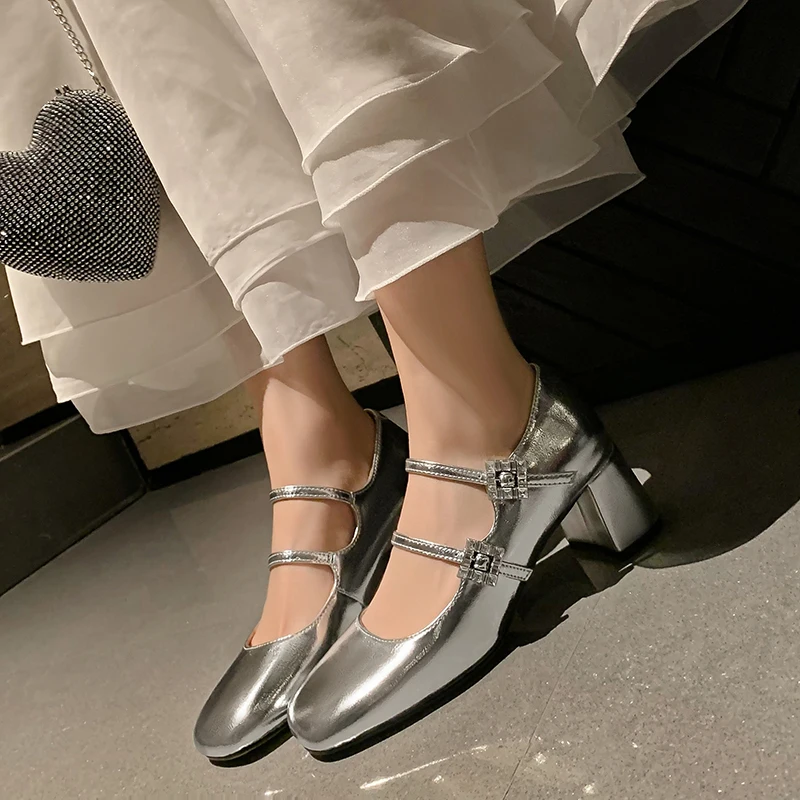 New Natural Leather One line Buckle Mary Jane High Heels Women's Shoes Diamond Buckle Mary Jane Women's Shoes Versatile