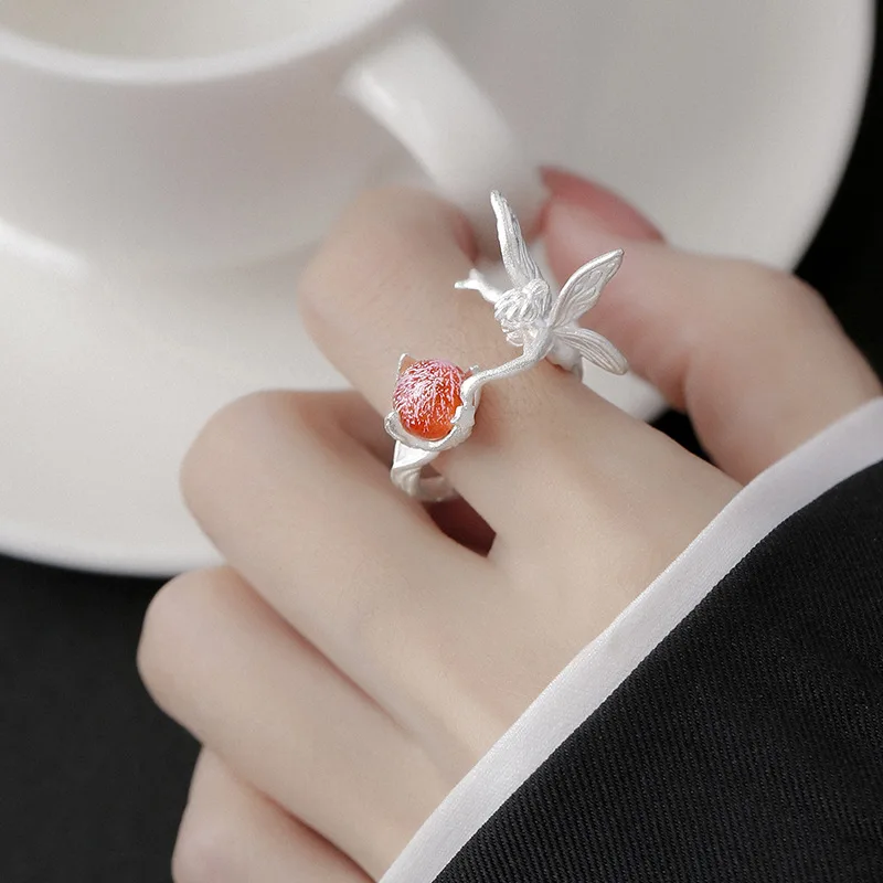 1Pc Exquisite Cherub Red Ball Fashion Creative Personalized Literary Vintage Copper Silver Color Ring Women Party Prom Gifts