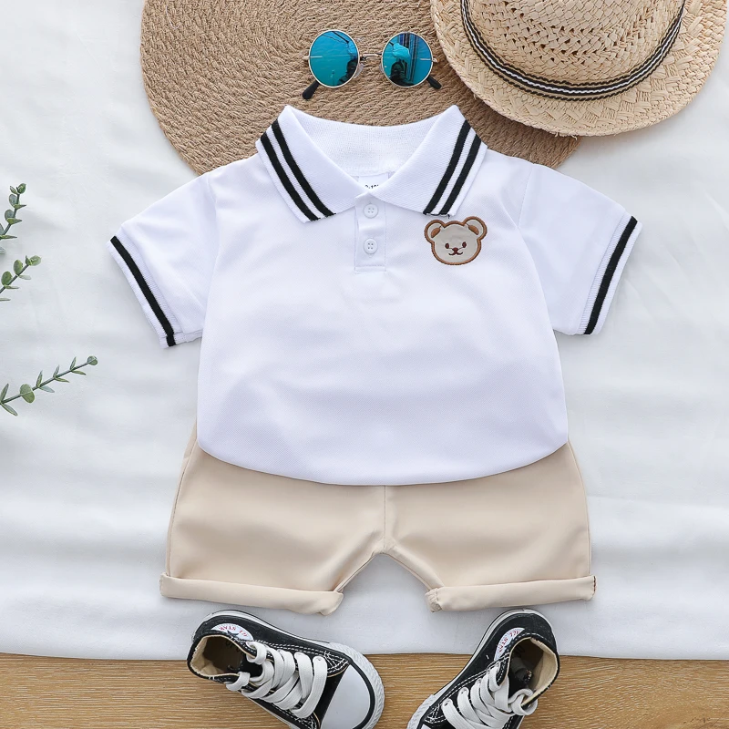 Summer cartoon bear embroidered POLO shirt and shorts set for infants and young children