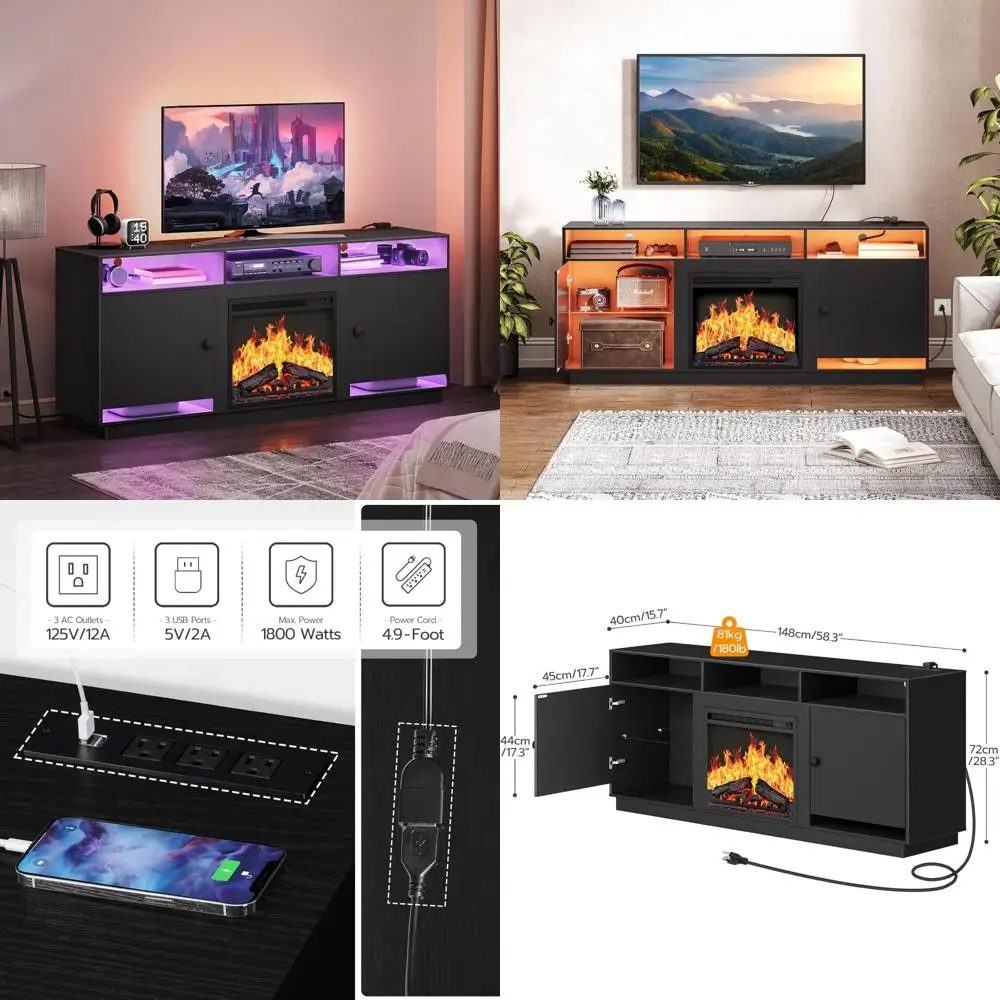 

LED-Illuminated Electric Fireplace TV Stand with Charging Port, Black, Fits 32-65 TVs