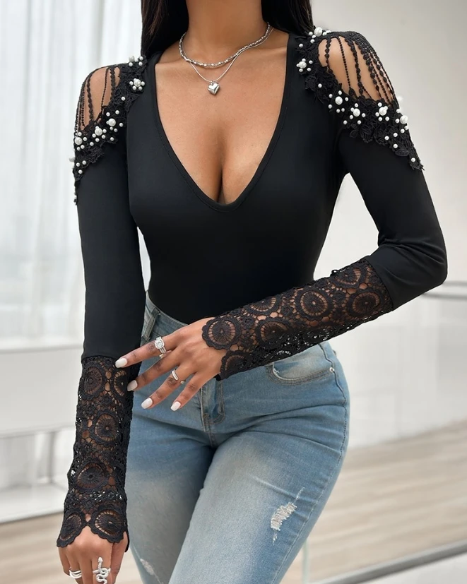 

Lace Shirts for Women Sexy Pullover Cold Shoulder Contrast Beaded Tops 2024 Autumn Winter Spring New Fashion Casual Blouses