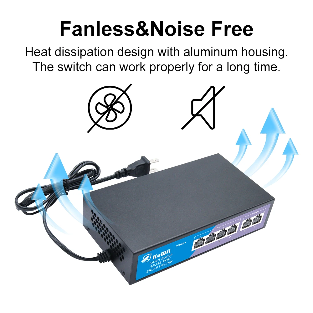 สวิตช์เครือข่าย KuWFi 48V POE อีเธอร์เน็ต 100Mbps 4/8 พอร์ต POE พอร์ต RJ45 ความเร็วสูง พร้อมพอร์ตอัพลิงค์ รองรับกล้อง IP/CCTV/AP Router/PC