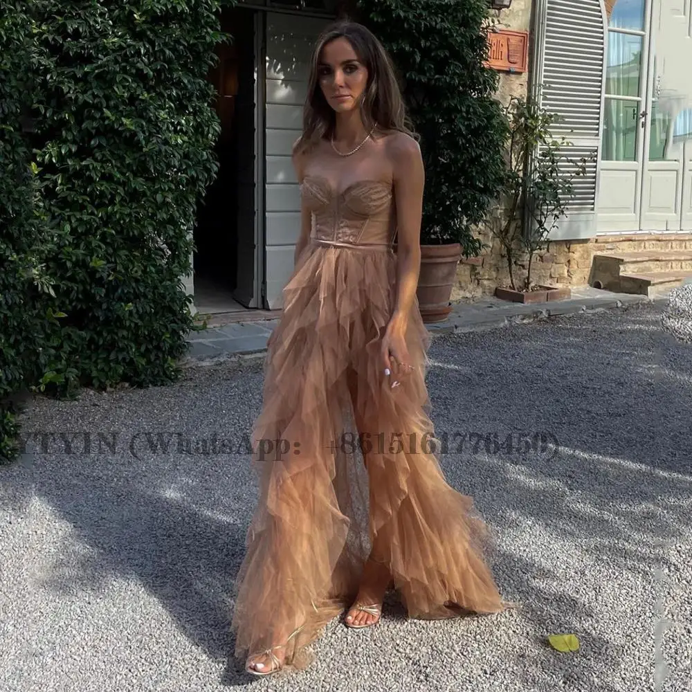 Sweetheart Tulle Prom Dresses Lace Pleated Split Vestido De Gala Floor Length With Train Party Gowns Custom-Made Customized