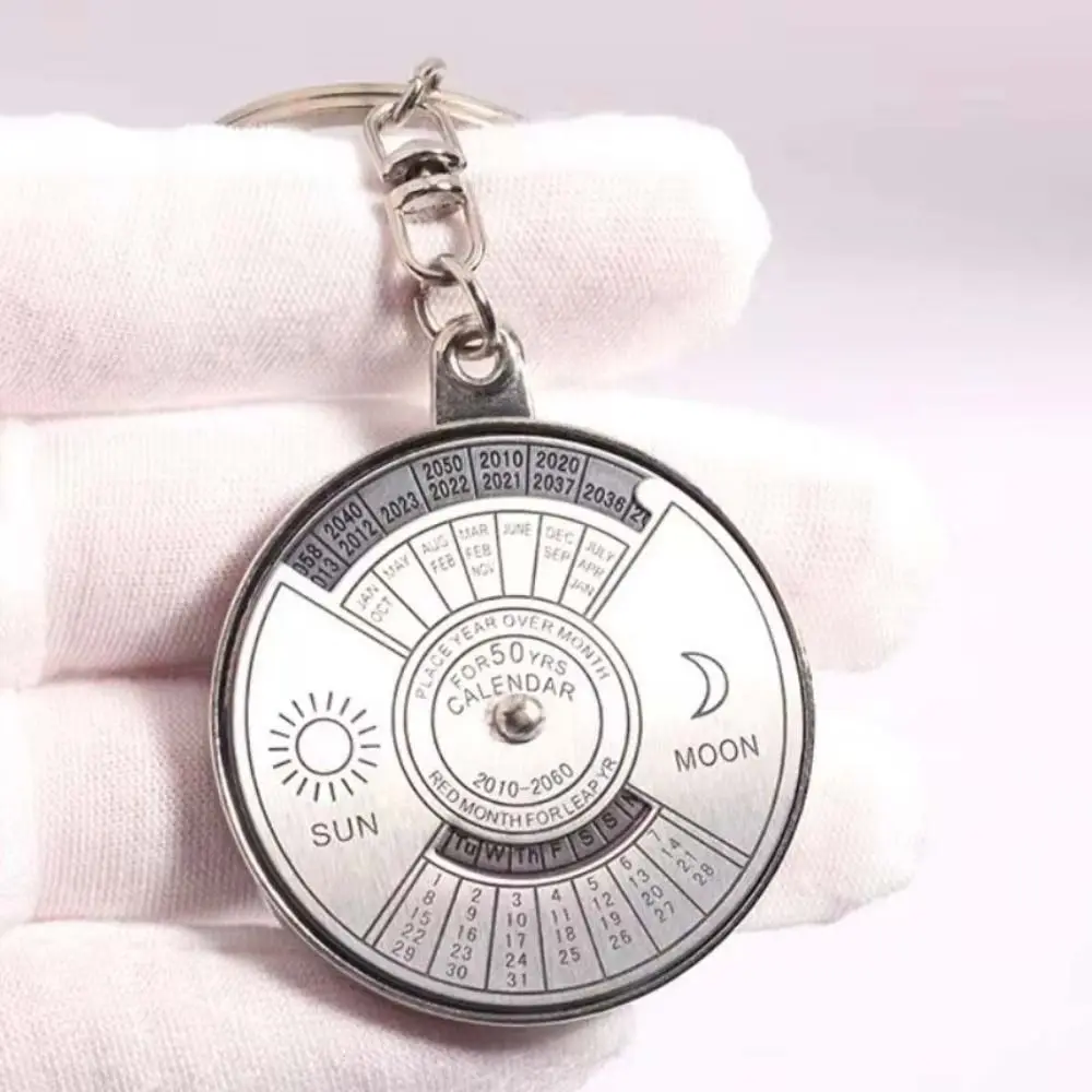 Creativity 50 Years Perpetual Calendar Keychain Alloy Silver Keychain Pendant Durable Exquisite Car Keychain