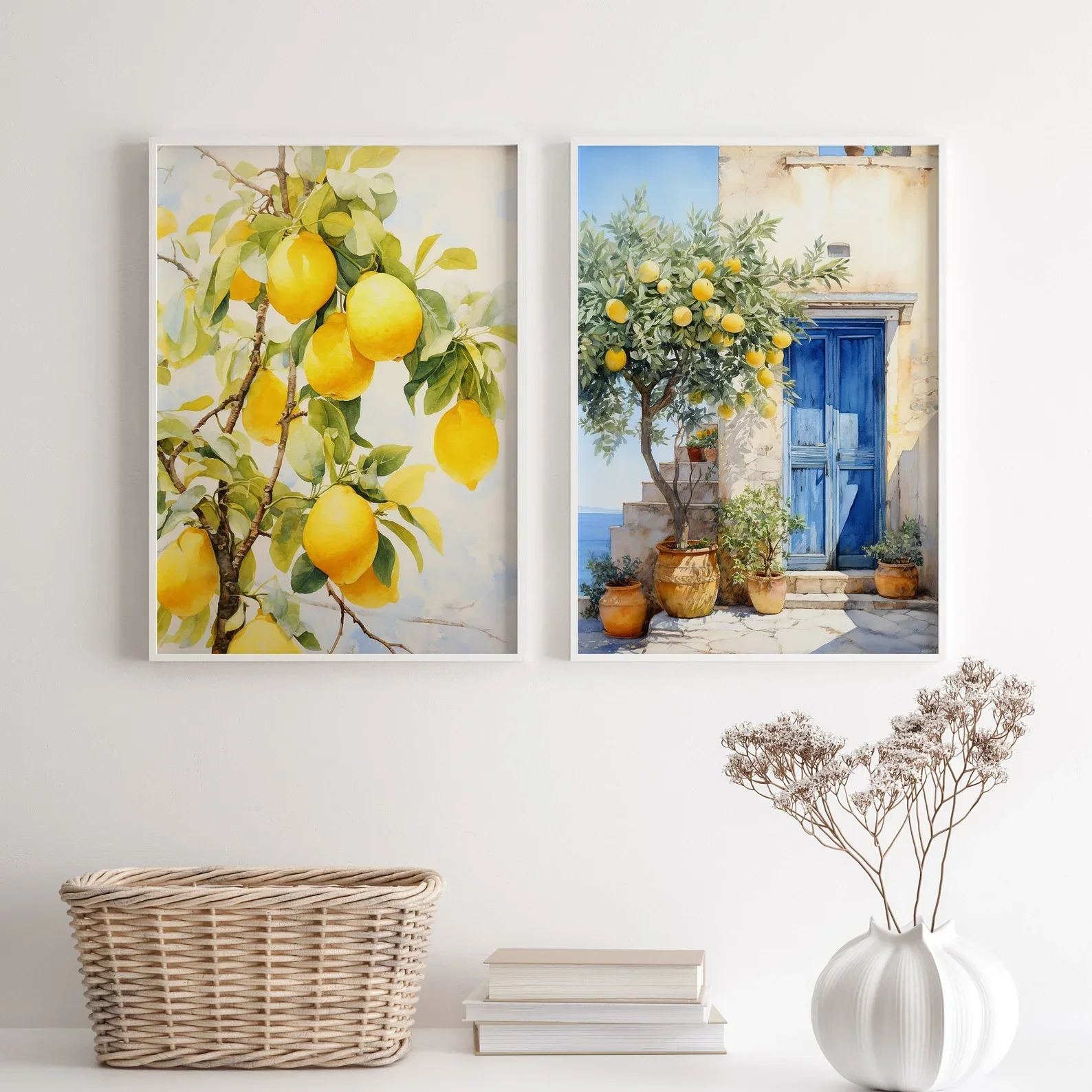 2pcs frameless Canvas Painting 2PCS Italian Mediterranean Wall Art  Lemon Prints Poster  Greece Wall Decor  Canvas Paintings for
