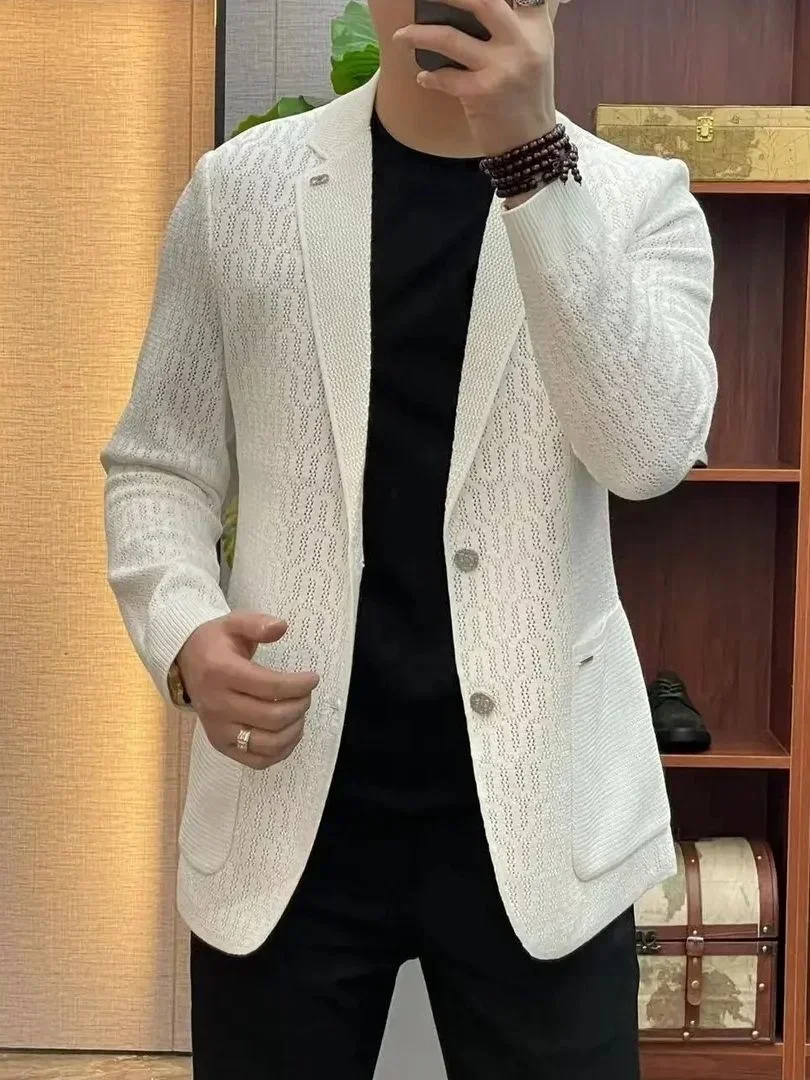 Spring Summer Knitted Mens Blazers Casual Suit Fashion Versatile Business European Luxury High Grade Handsome Jacket Men Clothes