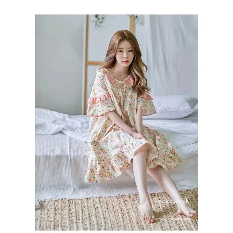 Cotton High Appearance Level Floral Nightdress Lazy Wind Top Grade Western Style Lace Wear Loungewear Pajamas Female Summer