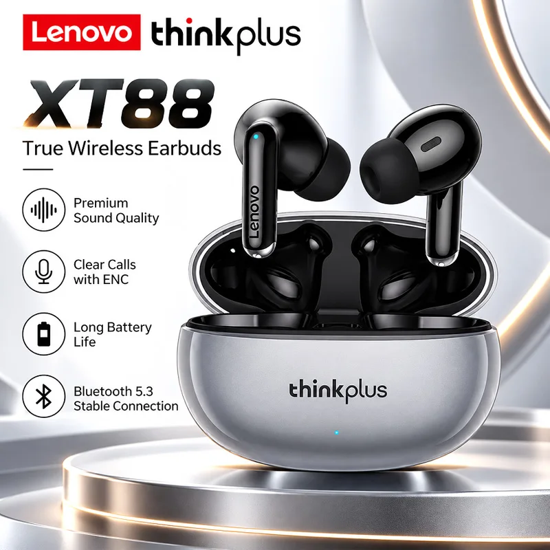 Fones de ouvido sem fio TWS, Bluetooth 5.3, controle por toque, chamadas em alta definição, som estéreo HiFi, longa duração da bateria, modelo esportivo, Lenovo XT88NEW.