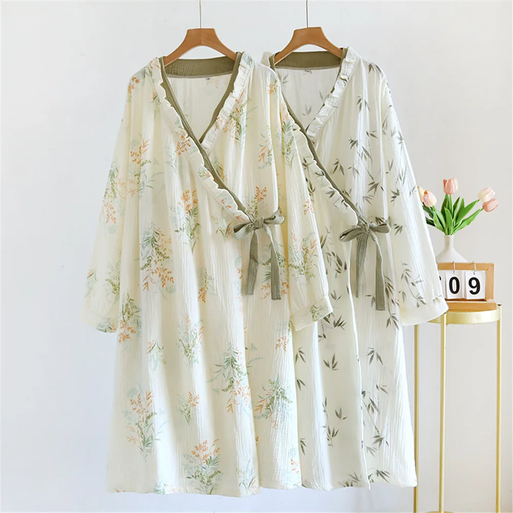 

Spring Women Cotton Double Layer Gauze Sleeping Robes for Women Medium Length Yukata Bathrobe