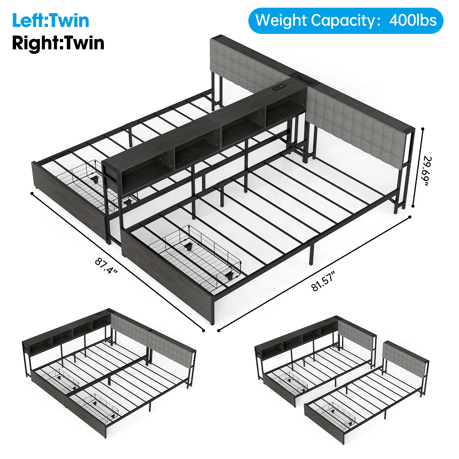 [US Stock] Twin Bed Frame Set with Storage Bookcase Divider, Charging Station, RGB LED, 2 Drawers, Metal Platform Bed for Kids S