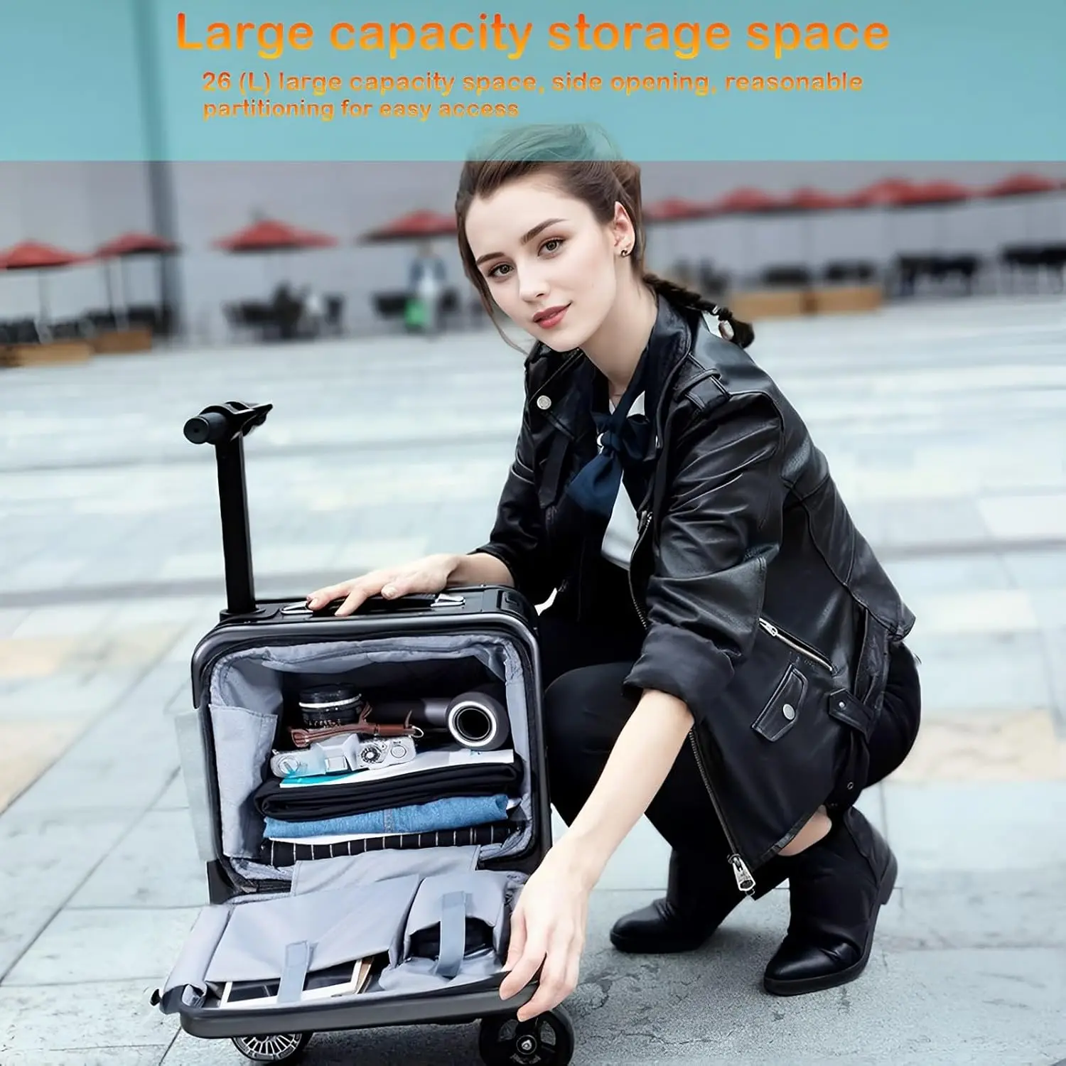 حقيبة أمتعة ذكية بمحرك مقاس 21 بوصة قابلة للركوب مع جهاز تحكم عن بعد وحقيبة أمتعة كهربائية للسفر