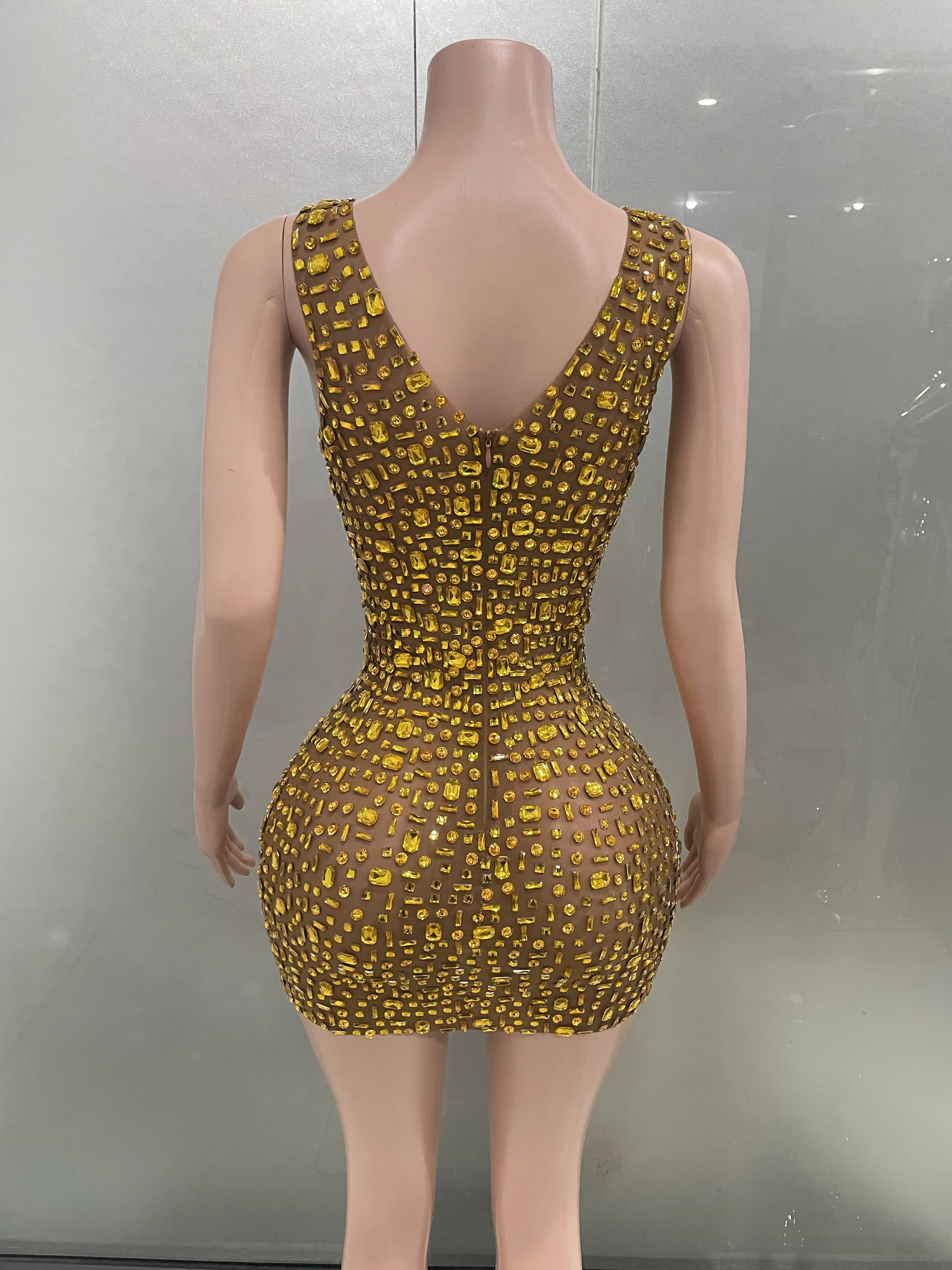 Luksusowa, błyszcząca, złota sukienka mini z dżetami, seksowna, damska, wieczorowa, kostium na występ, do baru, klubu nocnego, dla piosenkarki, tancerki, strój sceniczny.