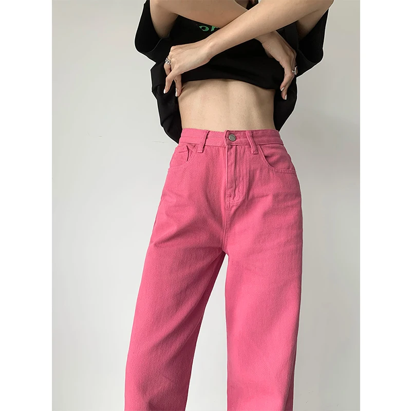 Women Bottoms Pink Jeans Vintage Straight High Waist Self Cultivation Casual Baggy Wide Leg Pants Denim Trouser Ladies Summer