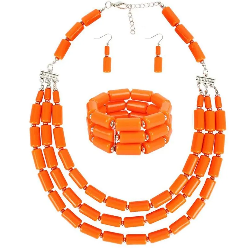 one set 3rows orange red acrylic pillar necklace bracelet earrings vintage