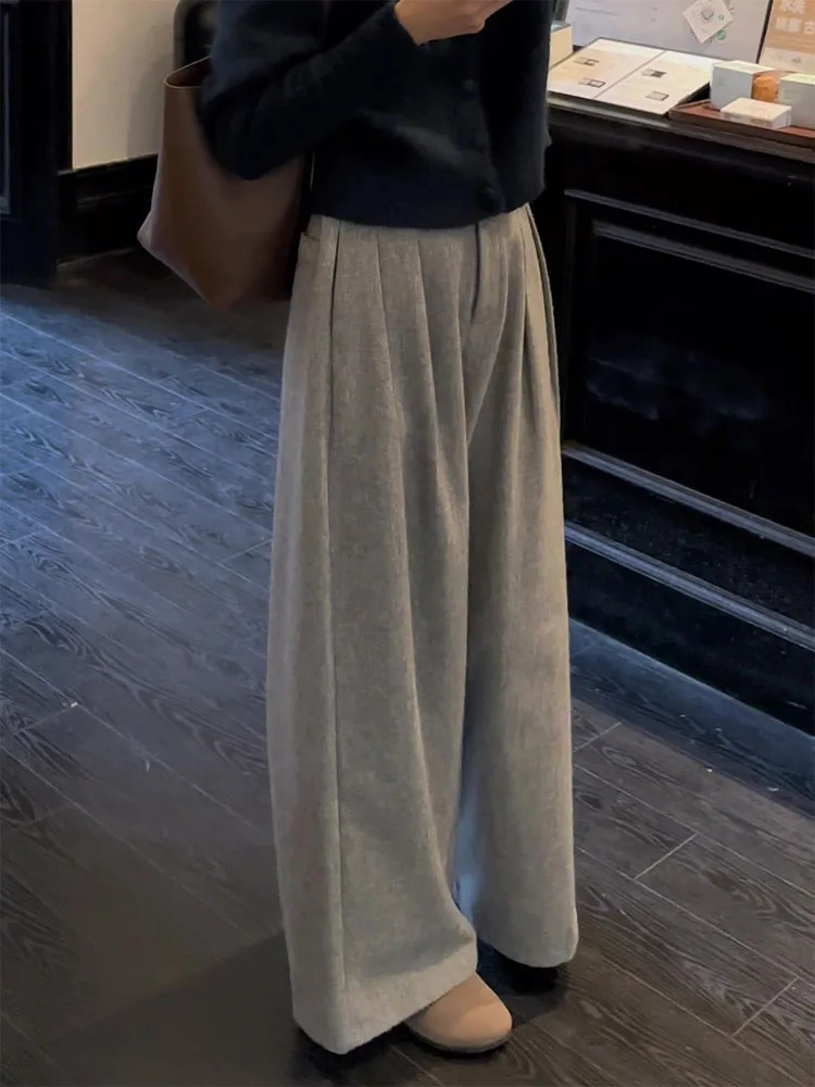 

Свободные широкие брюки с высокой талией, утепленные шерстяные брюки-костюм, женские корейские стильные универсальные прямые длинные брюки для офиса