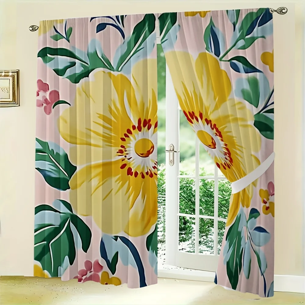 2pcs Modern Vintage Floral Curtains No Rod — Blush Pink with Giant Yellow Bloom, Green Leaves & Tiny Flowers, Sheer Polyester