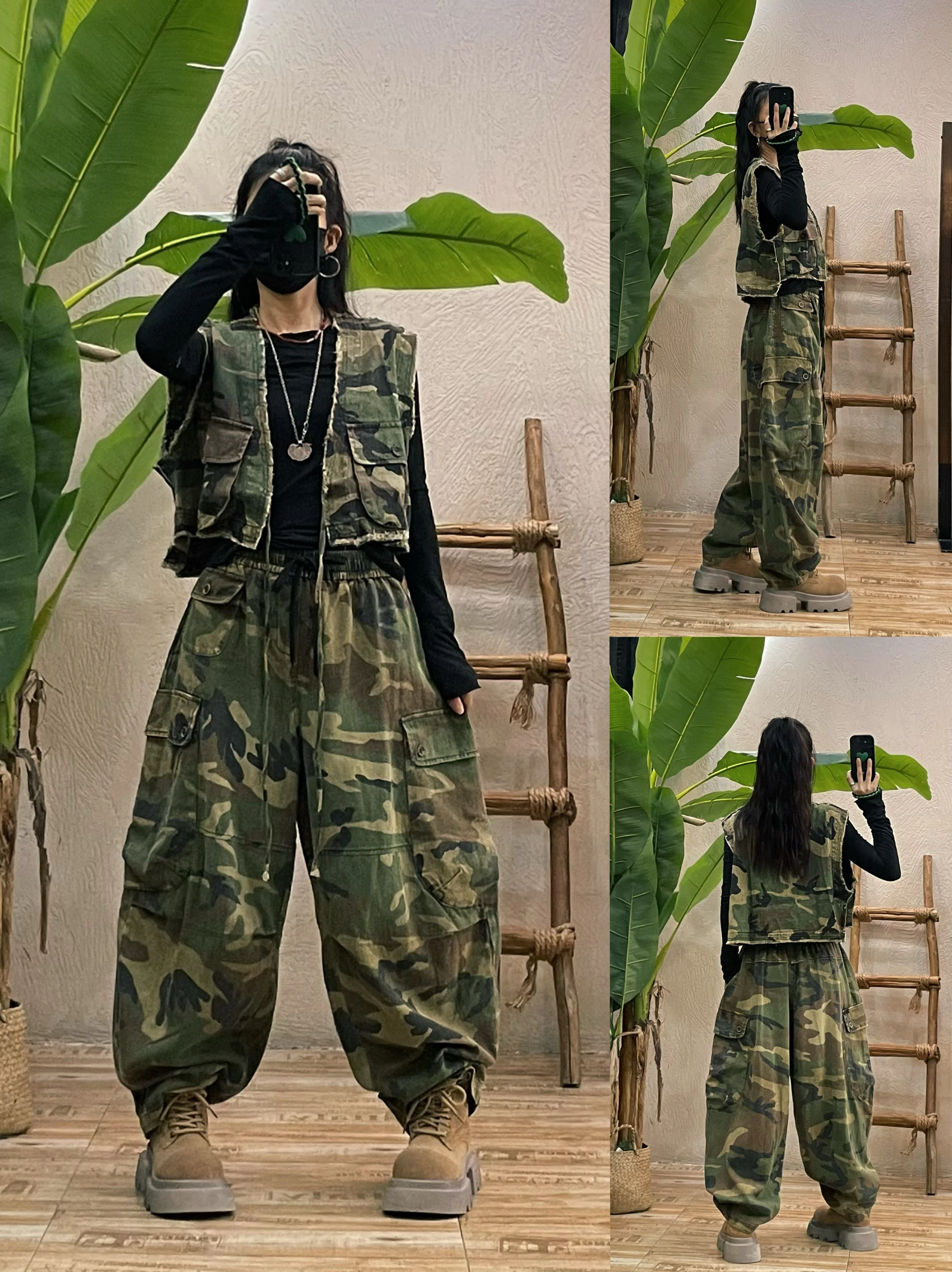 

Камуфляжный джинсовый комплект: брюки и жилет для женщин, новинка ранней осени, свободный повседневный крой, широкие длинные брюки, стильный комплект