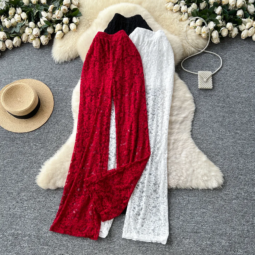 مضيئة بانت المرأة السراويل الطويلة سليم صالح الدانتيل الأزهار مثير عالية الخصر مستقيم بنطلون Y2k الشارع الشهير العمل الأنيق الخريف عادية #1