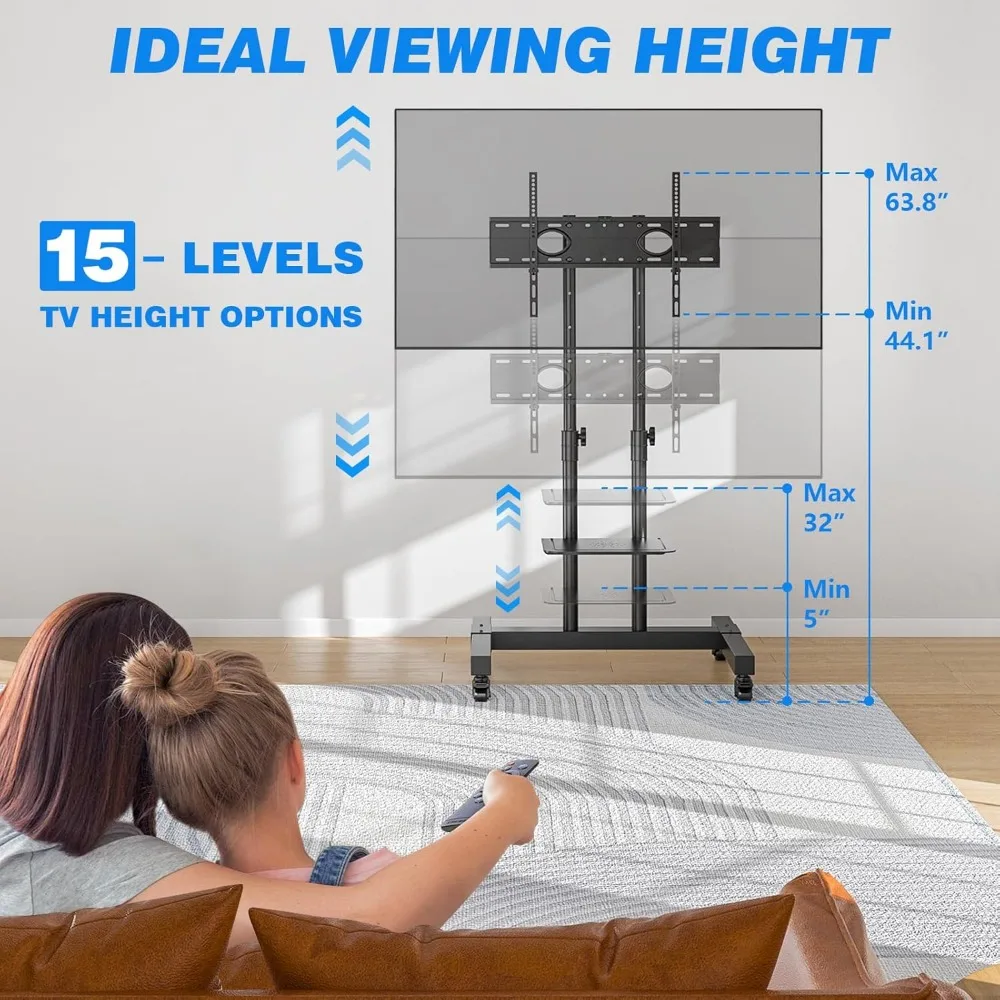 Mobile TV Cart for 32-80 Inch Screens up to 110 lbs, Height Adjustable Rolling TV Stand for Home Office