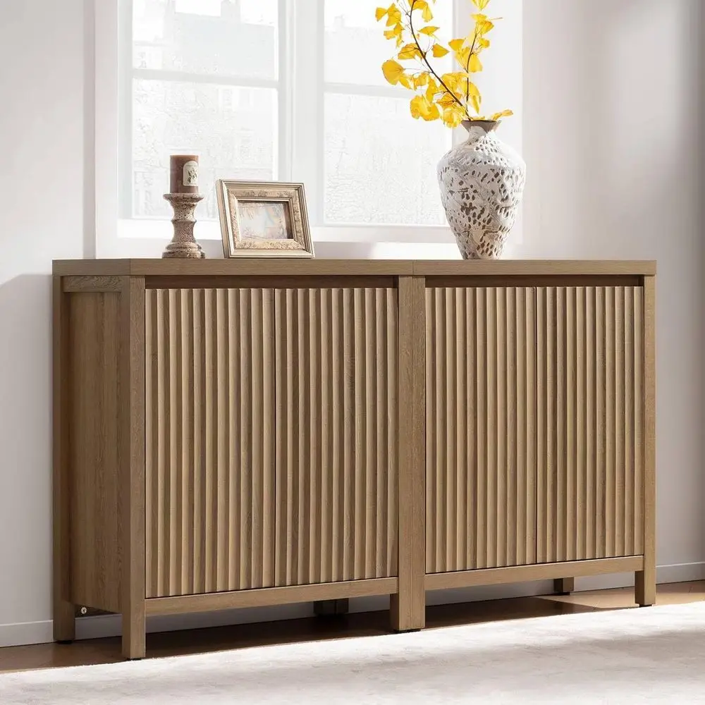 طقم خزانة بوفيه مكون من قطعتين من كراميل أوك فارمهاوس مع أرفف قابلة للتعديل لتخزين المطبخ وغرفة المعيشة