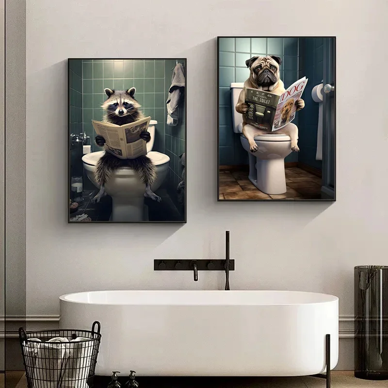 Funny Bathroom Dog Animal Sitting on The Toilet Reading A Newspaper Art Poster Canvas Painting Wall Prints Picture Home Decor