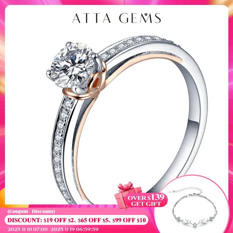 

ATTAGEMS 100% 925 Sterling Silver Ring 0.5CT Round Brilliant Cut D Color VVS1 Moissanite Engagement Rings for Women