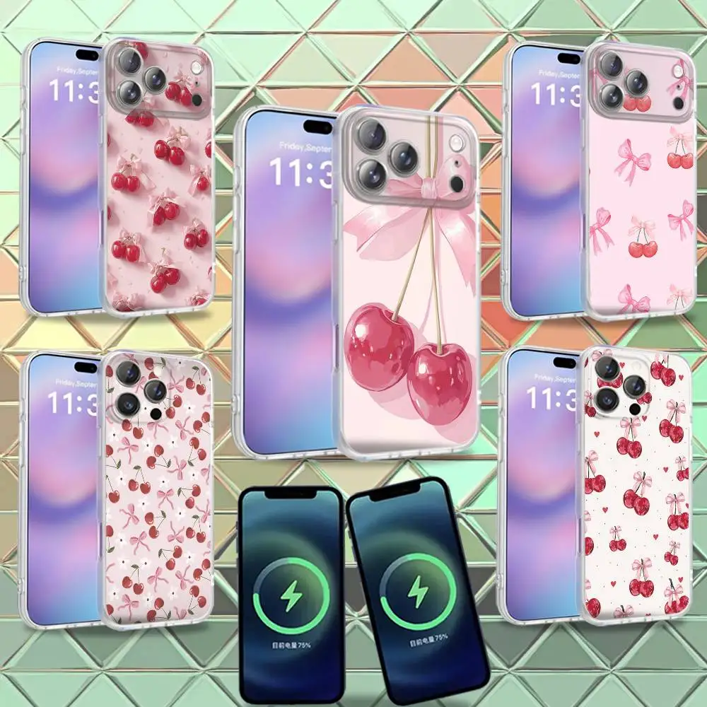 Ins Korean Lovely Bow Cherry Phone Case For iPhone 16,14,11,17,13,15,12,Air,Plus,Pro,Max,E,Mini Frosted for MagSafe Magnetic