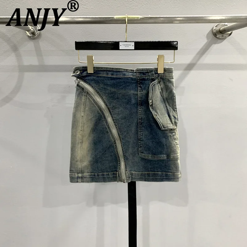 ANJY Summer New Women Irregular Washed Gradient Diagonal Zipper Slim Fit Bomber Wrap Hip Skirt Trend Fashion Niche Design A24119