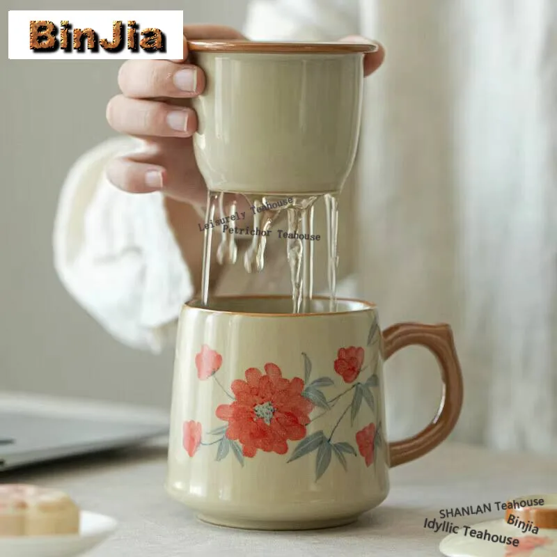 

350ml Hand-painted Hibiscus Flower Filter Tea Separator Cup Work Office Mug Household Tea Brewing Personalized Mug Cafes Crafts