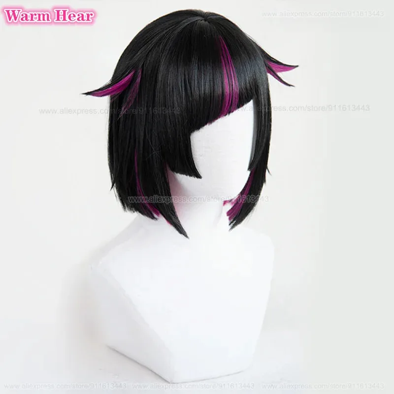 在庫あり リリア・ヴァンルージュ コスプレウィッグ アニメ ショート 30cm ブラック ハイライト パープル ウィッグと歯付き 耐熱性合成パーティーウィッグ