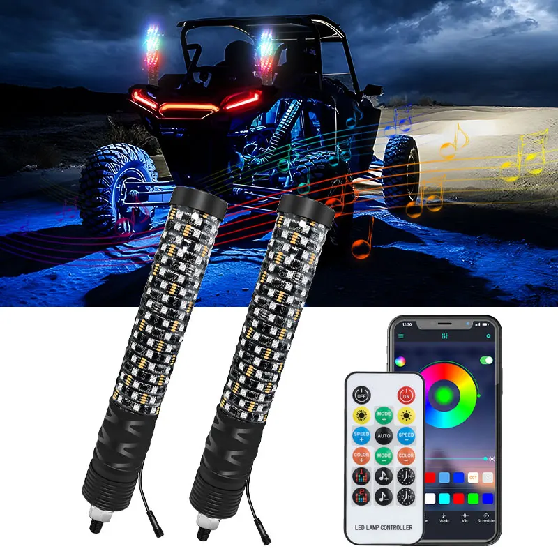 30/60cm RGB LED Colorful Flagpole Antenna Whip Light APP and Remote Control Flagpole Light for UTV ATV Off Road Truck Sand Buggy