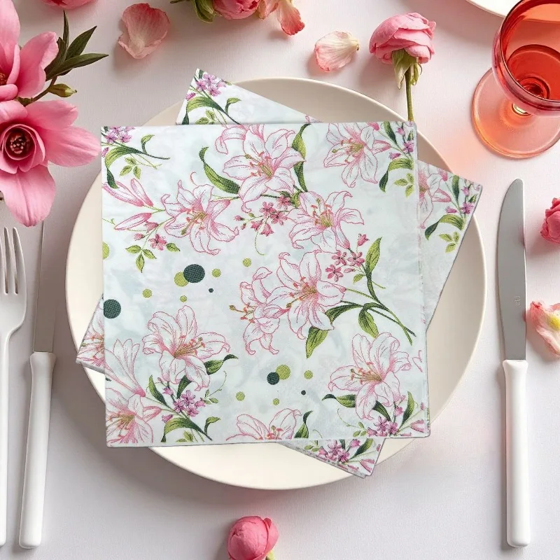 20 pièces de serviettes en papier à motif de fleurs de lys, 33*33cm, 2 plis, pour la décoration d'ambiance de l'anniversaire, de la fête des mères, et comme sous-plats de table ou pour le découpage DIY