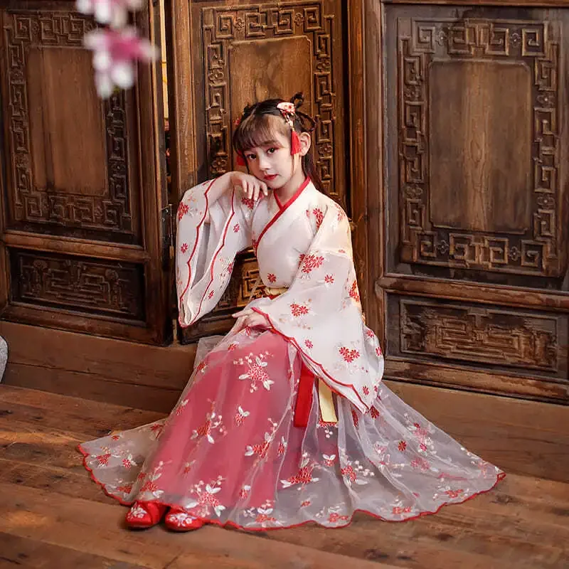 Disfraz de Bata de seda China para niñas, Kimono tradicional de China, vestido antiguo étnico Vintage, traje de baile, conjunto de Hanfu para Cosplay