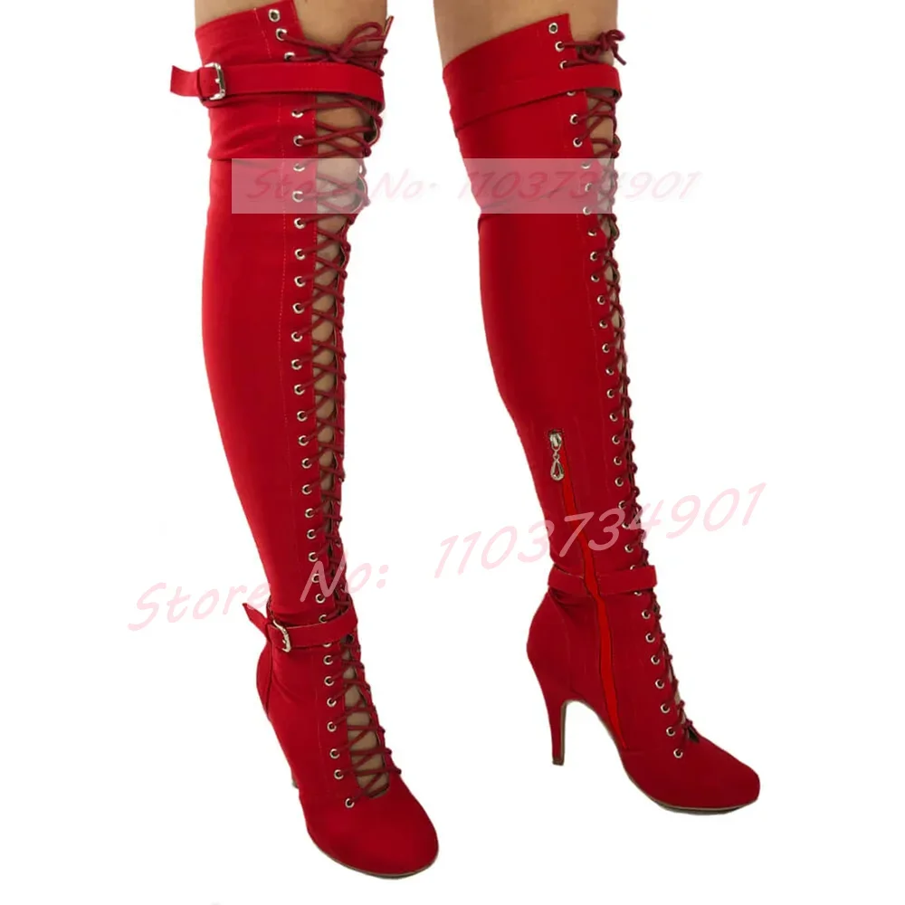 Buckle Strap Lace Up Over The Knee Boots Women Party Round Toe Side Zipper Thin High Heels Boots Ladies Nightclub Sexy Shoes