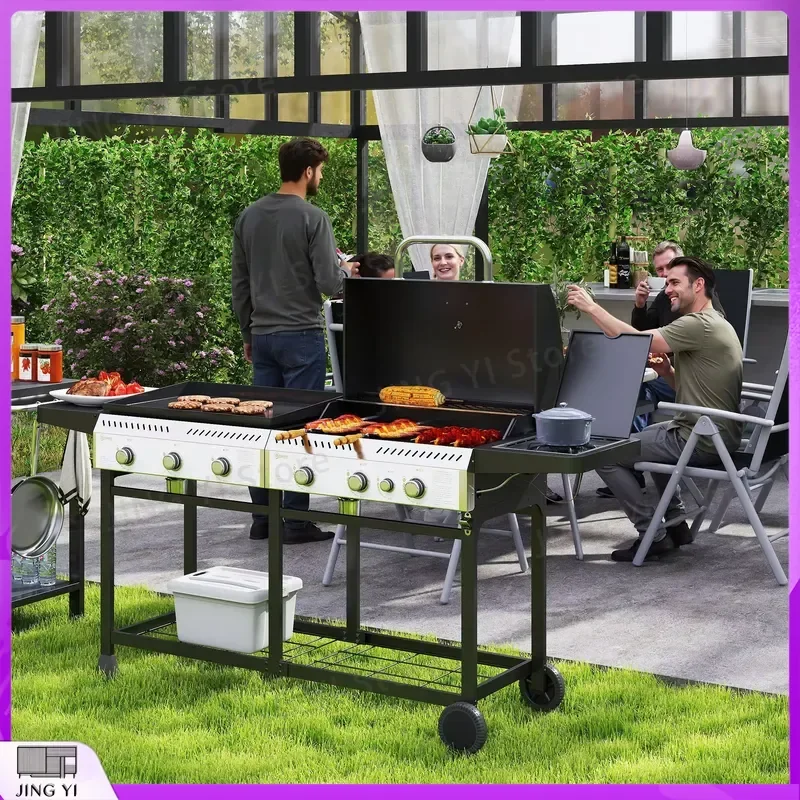 

Outsunny 2-in-1 Gas BBQ Grill and Plancha Grill with 6+1 Burners Propane Barbecue Grill with Wheels Warming Rack Side Shelves