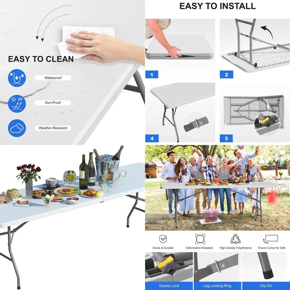 

8ft White Plastic Folding Table with Lock and Carry Handle for Outdoor and Indoor Use, Ideal for Camping, Parties, and Picnics