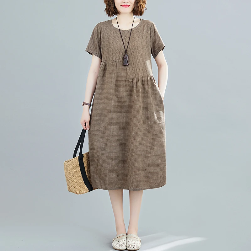 فستان كتان صيفي 202 فضفاض بمقاسات كبيرة، تنورة ميدي على شكل حرف A بنقشة مربعات، قطن وكتان، رقبة مستديرة، أكمام قصيرة، جيب مطبوع #3