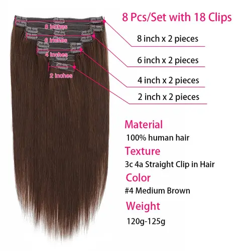 Imagen 2 del producto Clip in-extensiones de cabello humano para mujer, cabello liso de doble trama, 8 piezas, n. ° 4