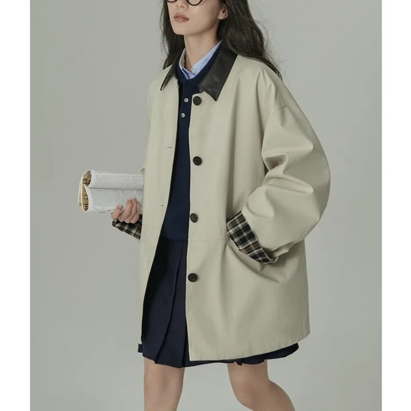 

2024 Women's Autumn and Winter Color Patchwork Vintage High-end Fashion All-match Lyocell Cotton Lapel Trench Coat