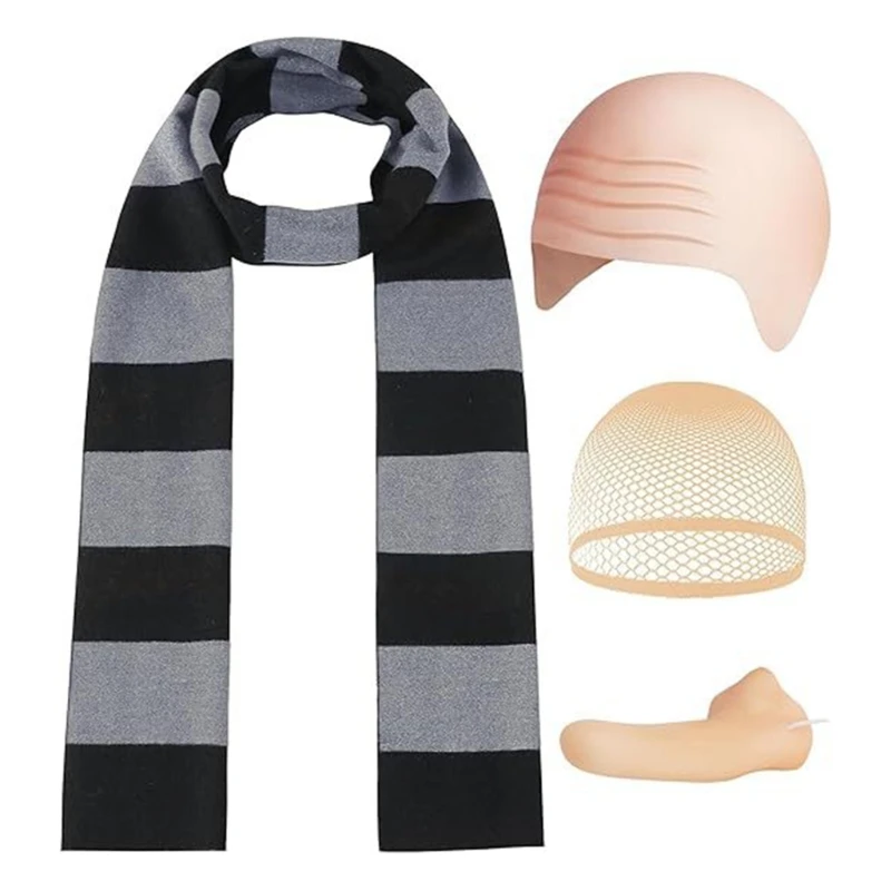 Bald Hat Set for Man Gru Costume Accessories Black Gray Striped Scarf False Nose DXAA