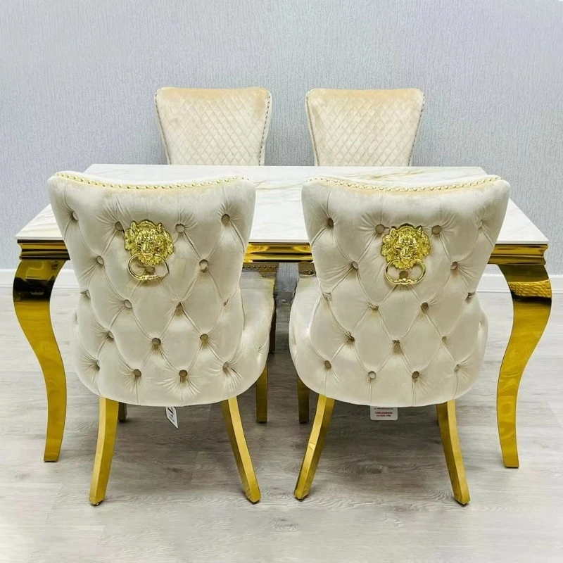 

Hot Sale Simple Complete Marble Dining Table Set Elegant Rectangle Dining Table Shiny Gold Dining Table