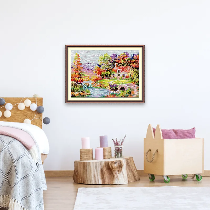 

Soulgift New Pre-Printed Cross Stitch Kit, Stamped 9CT/11CT/14CT/16CT DMC Threads, Embroidery kit - Autumn Cottage