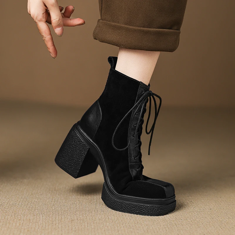 

Новинка 2026, осенне-зимние женские ботильоны из натуральной кожи, рост 22-24,5 см из воловьей кожи + детские замшевые короткие ботинки разных цветов на шнуровке с квадратным носком